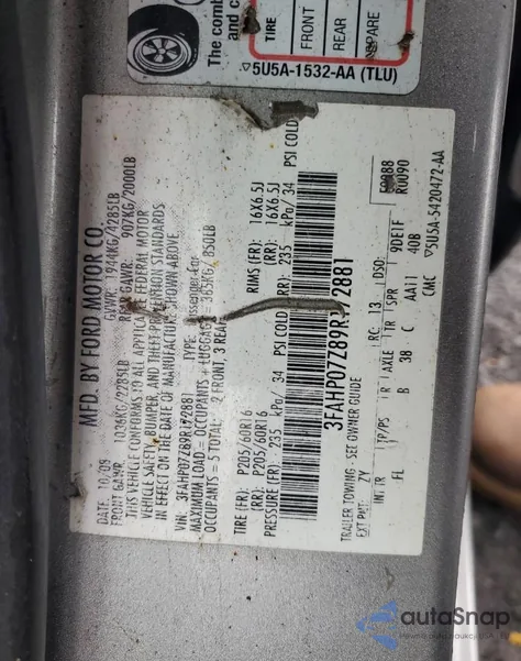 2009 Ford Fusion Se из США, поврежденный, VIN 3FAHP07Z89R172881